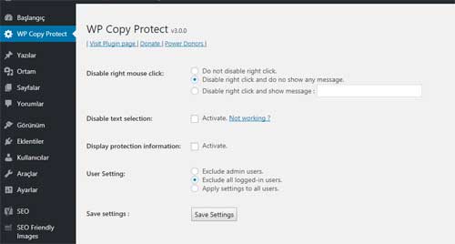 wp sağ tık engelleme